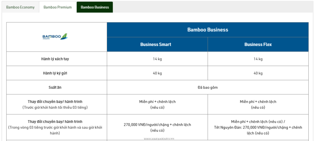 Điều kiện giá vé, điều kiện hoàn hủy của hãng Bamboo Airway - Hạng Business (1)